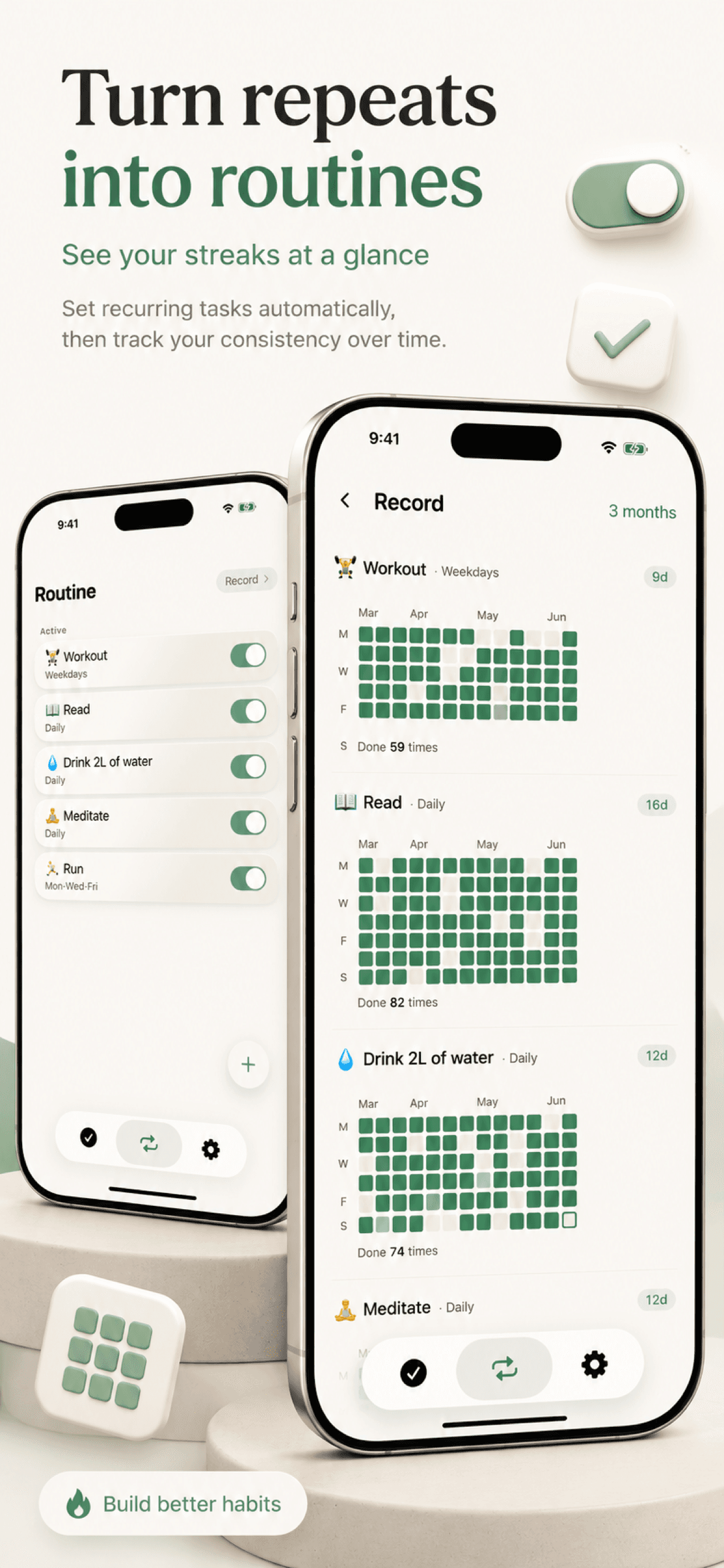 Routine toggles beside a months-long streak grid.