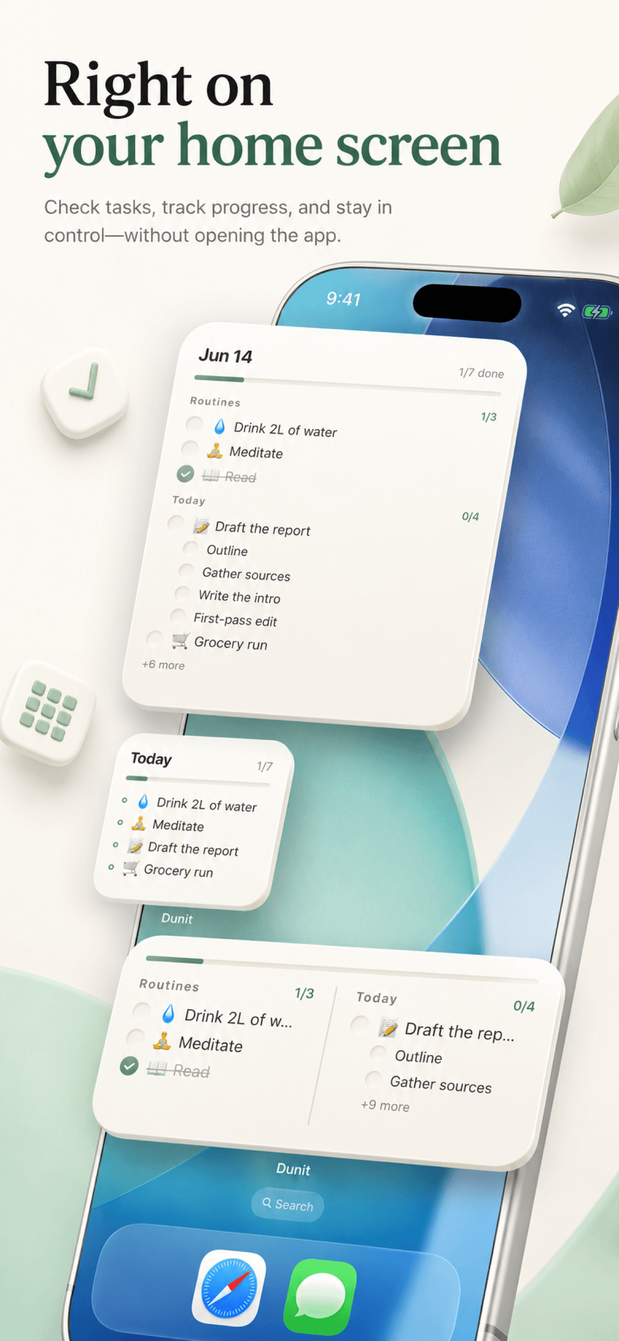Dunit widgets on the iOS home screen in several sizes.