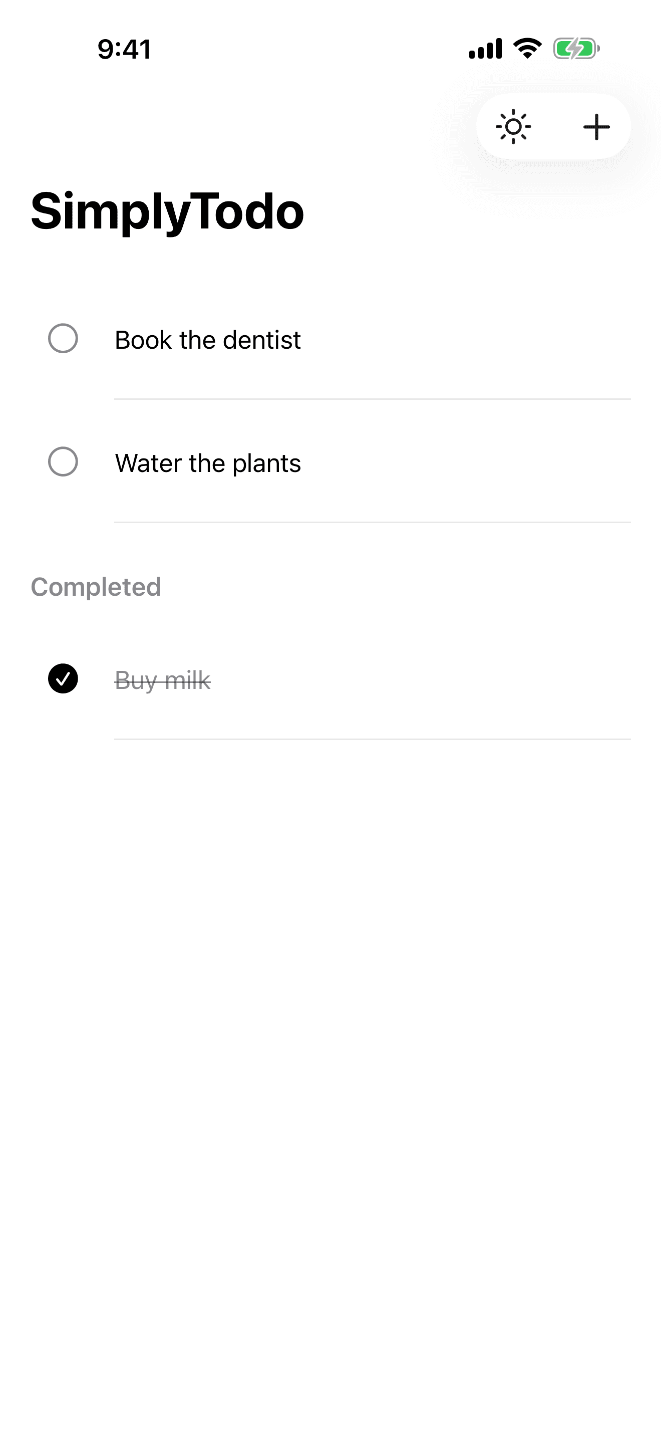 SimplyTodo in the Light theme, with two open tasks and one completed task