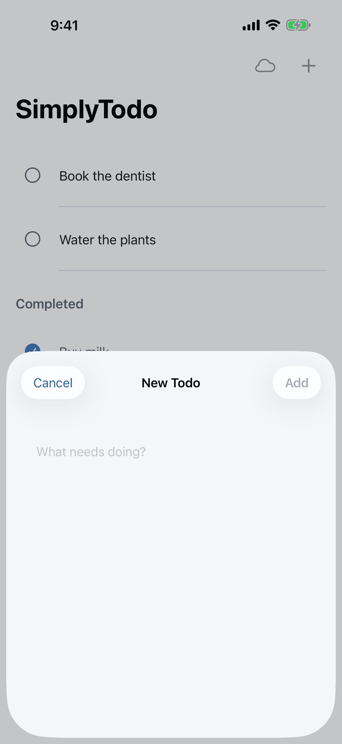 The New Todo sheet in the Slate theme, with a single text field