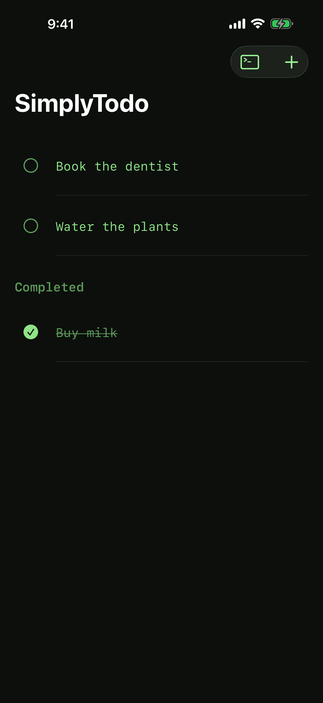 SimplyTodo in the Terminal theme, green text on black