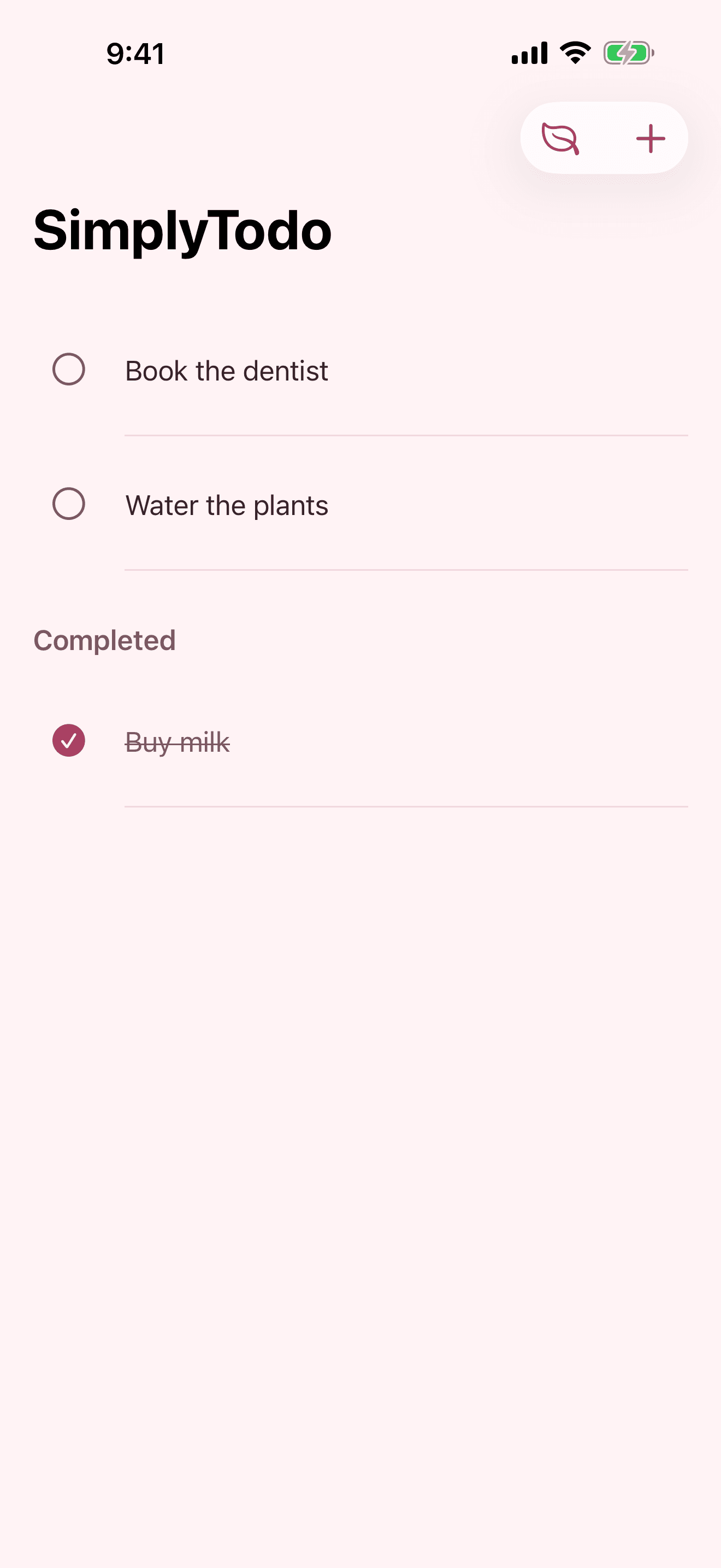 SimplyTodo in the Blossom theme, with a completed task below the open ones